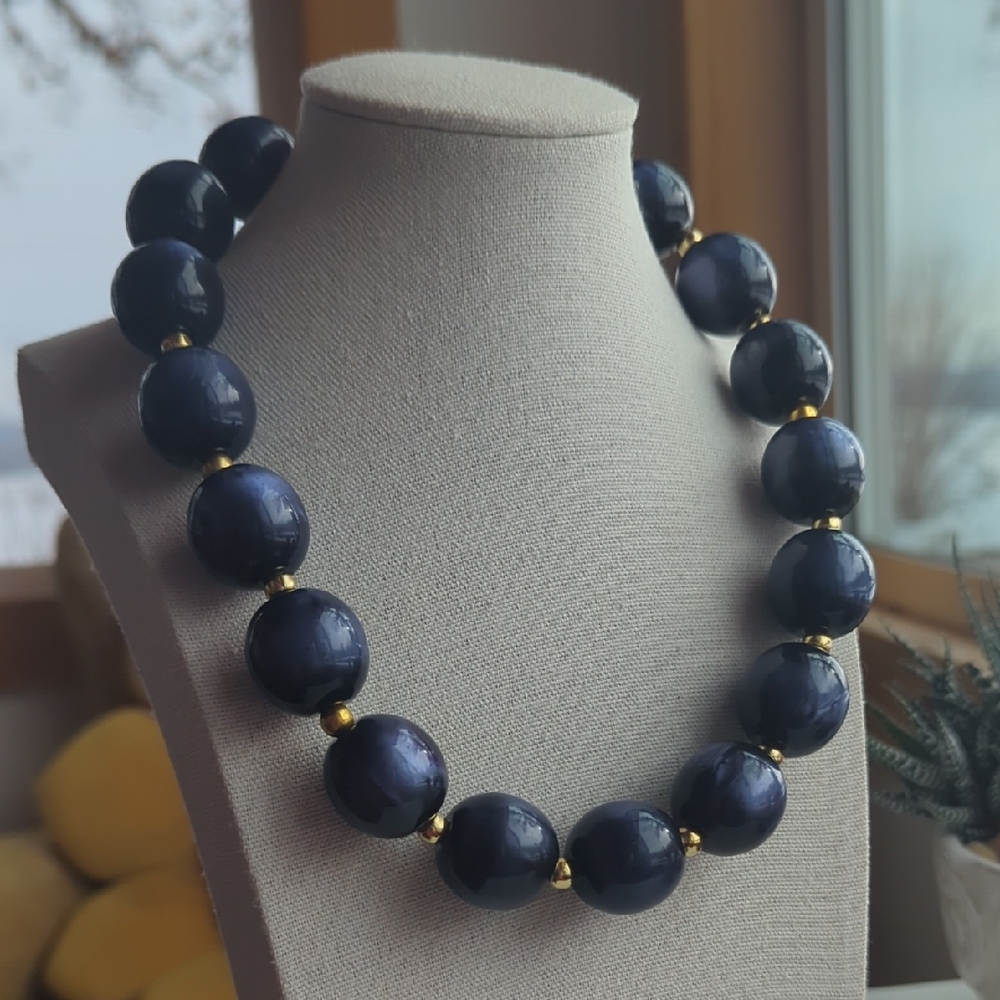 Blue Moonglow and Gold Tone Beaded Necklace 16" Adjustable